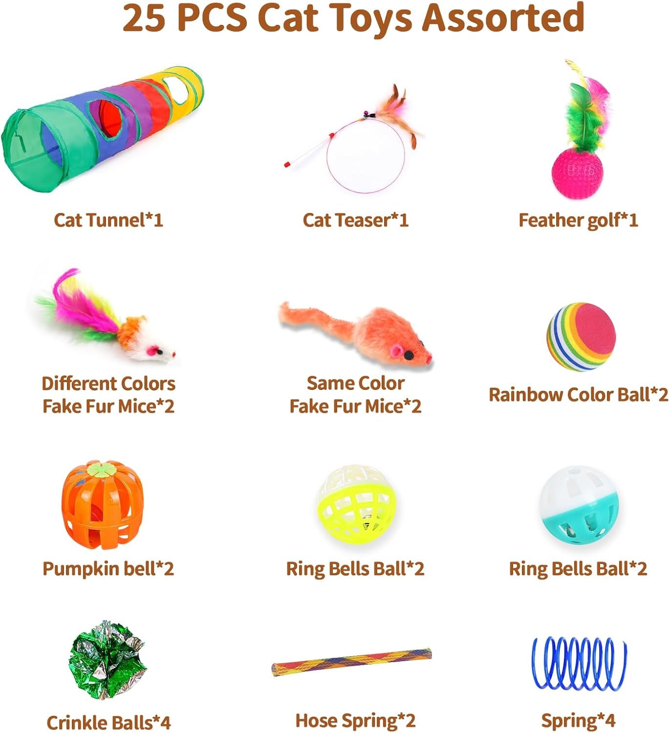 Cat Toys for Indoor Cats Interactive, 25 Assorted Cat Stuff Toys Pack Including Crinkle Tunnel Ball Wand Teaser Feather Mouse Mice Spring Assortment Kit for Cats Kittens Rabbits Puppies