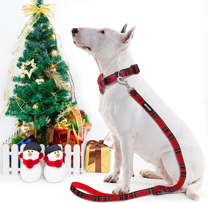 Christmas Dog Collar and Leash Set, Classic Plaid Collar with Removable Bowtie and Matching Leash for Small Medium and Large Dogs