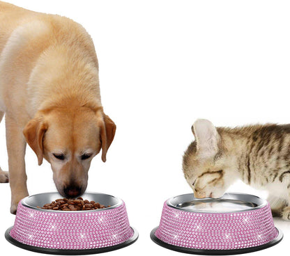 Bling Dog Bowls Pink, 640ML Handmade Bling Rhinestones Stainless Steel Pet Bowls Double Food Water Feeder for Puppy Cats Dogs - Set of 2