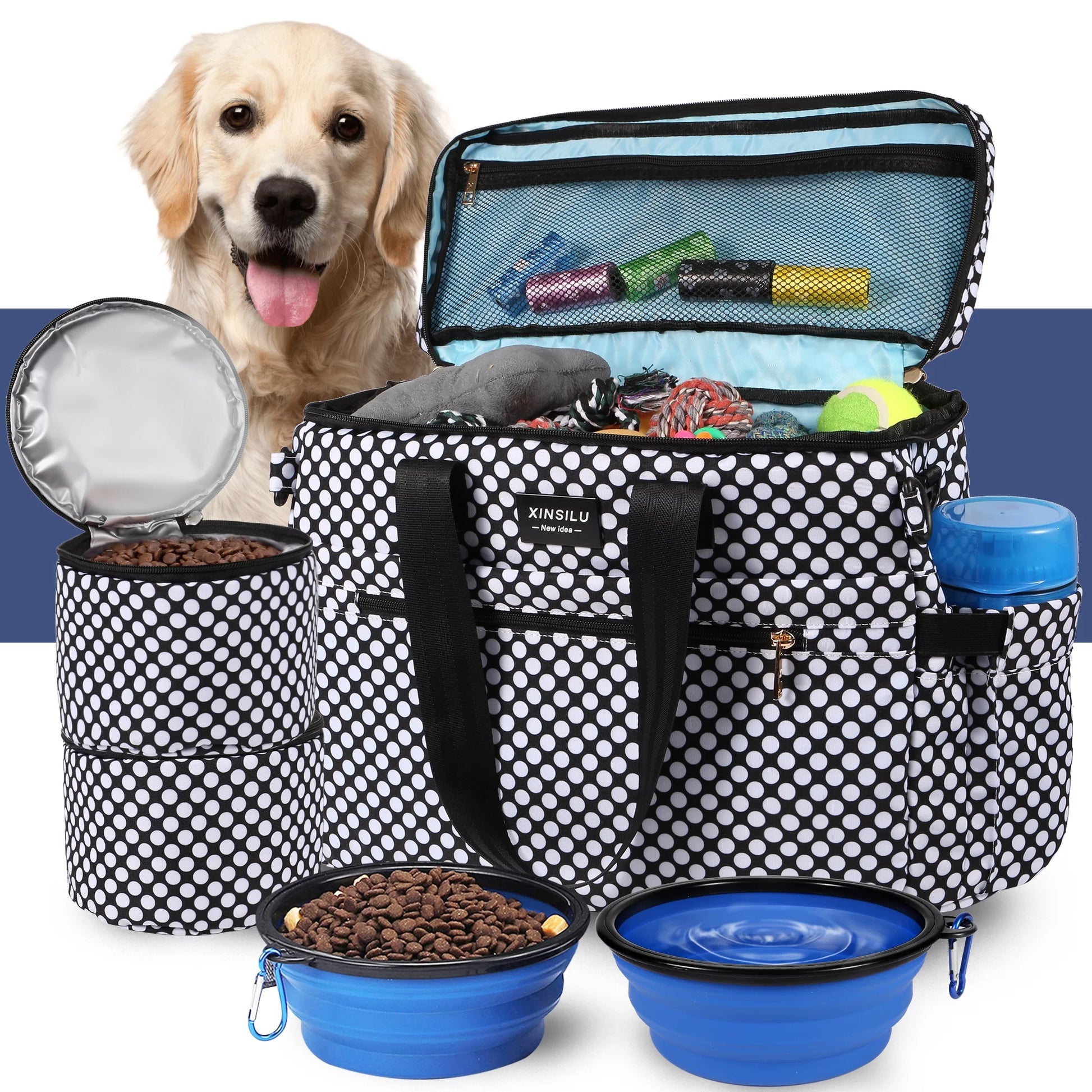 Dog Travel Bag, Weekend Pet Travel Set for Dog and Cat, Airline Approved Tote Organizer with Multi-Function Pockets-Polka Dots